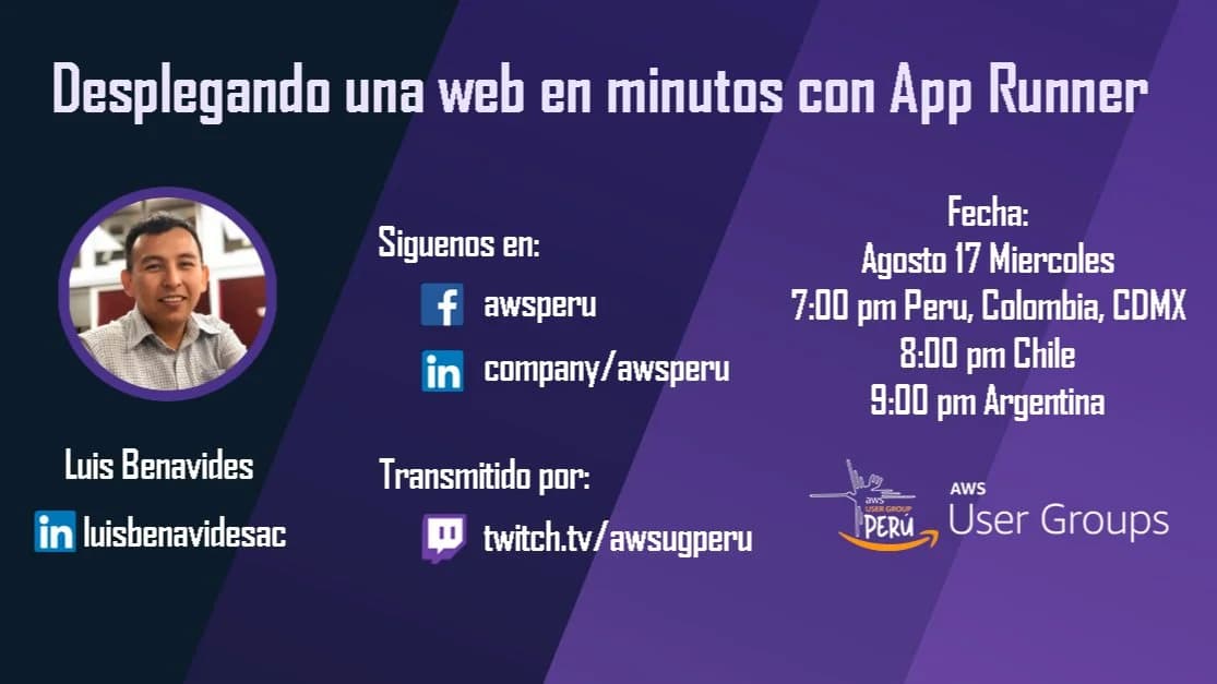 Portada de [AWS UG Perú] Desplegando una web en minutos con App Runner