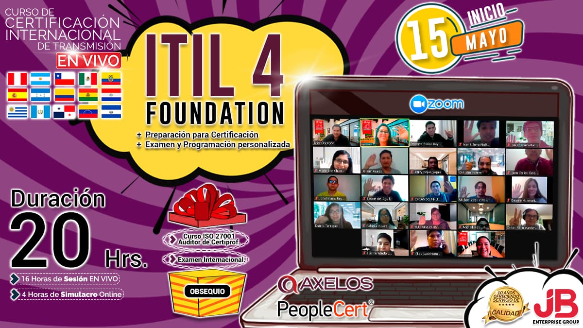 Portada de Curso de Transmisión en Vivo:“ITIL4 FOUNDATION"Preparación+Examen Internacional