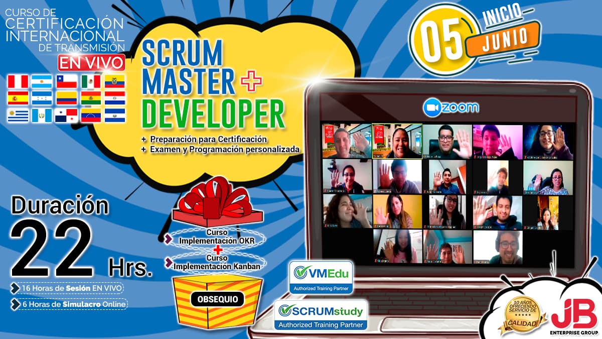 Portada de Curso de Transmisión en Vivo: “SCRUM MASTER Y SCRUM DEVELOPER"