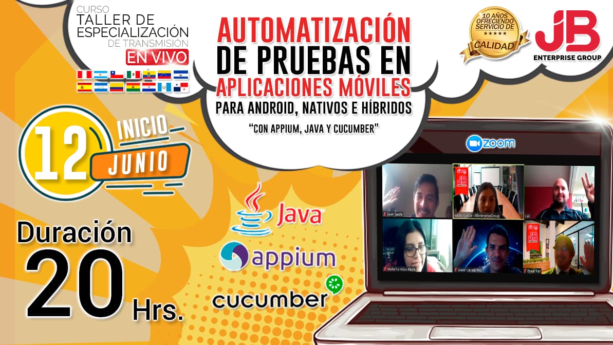 Portada de Curso en Vivo:Aut. de Pruebas en Apli. Móviles para Android, nativos e Híbridos"