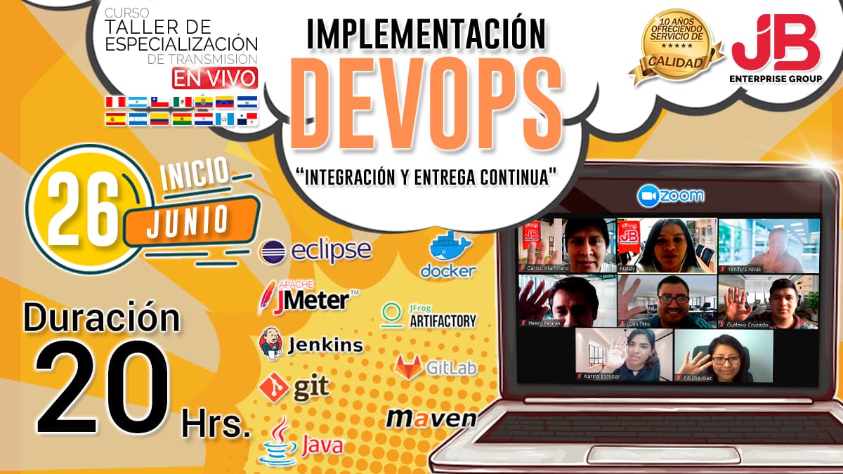 Portada de Curso de en Vivo:Implementación DevOps "Integración y Entrega Continua"