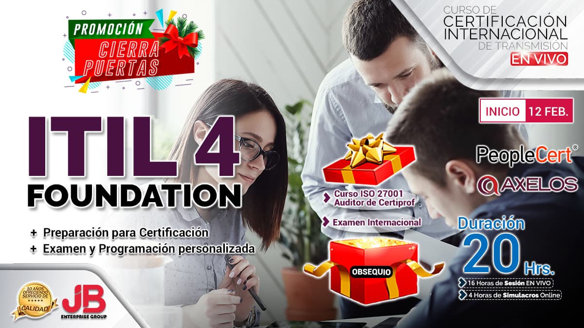 Portada de Curso de Transmisión en Vivo:“ITIL4 FOUNDATION"Preparación+Examen Internacional