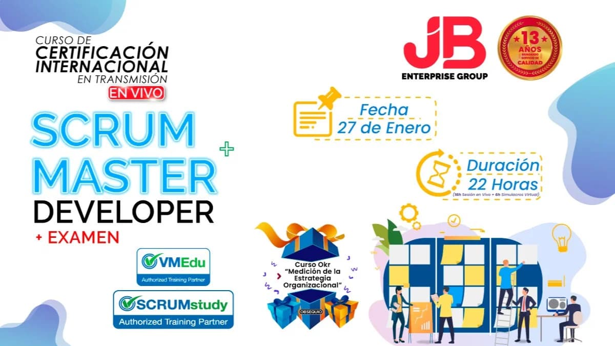 Portada de CURSO EN VIVO: SCRUM MASTER Y SCRUM DEVELOPER + EXAMEN