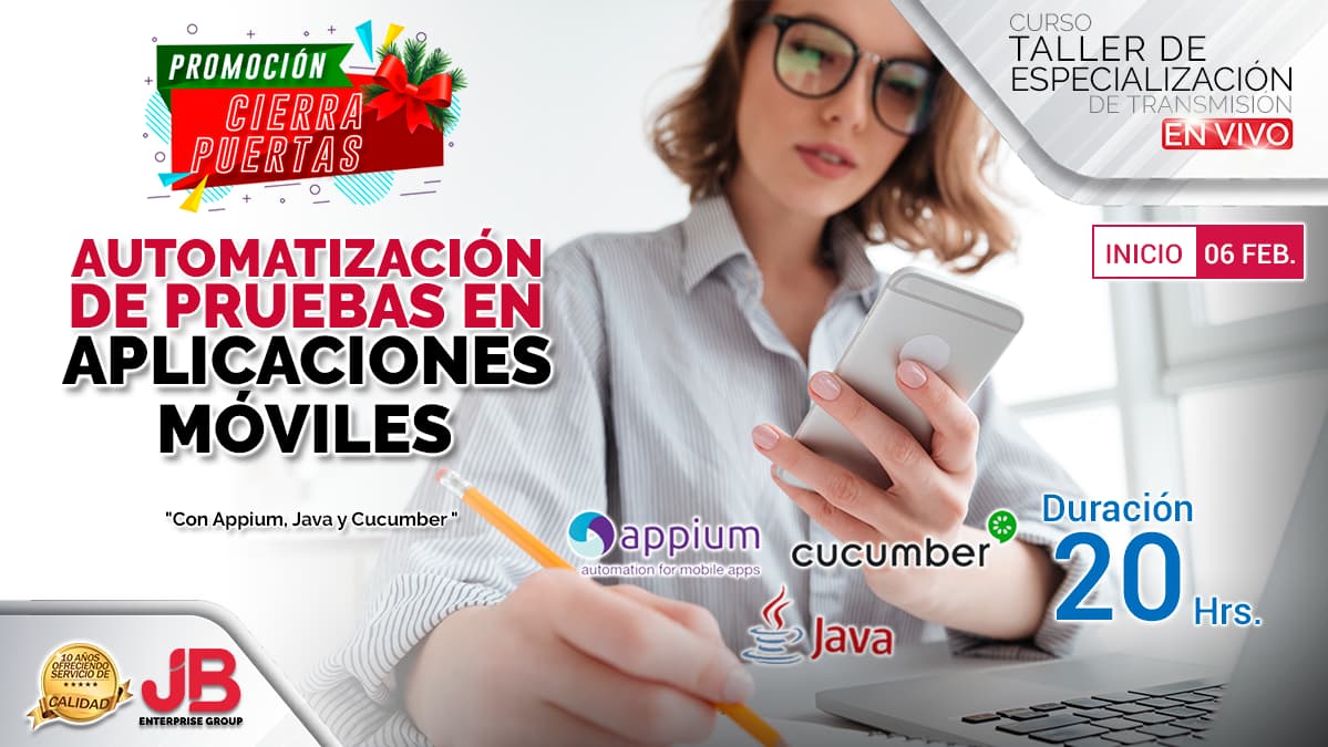 Portada de Curso en Vivo:Auto. de Pruebas en Apli. Móviles para Android, nativos e Híbridos