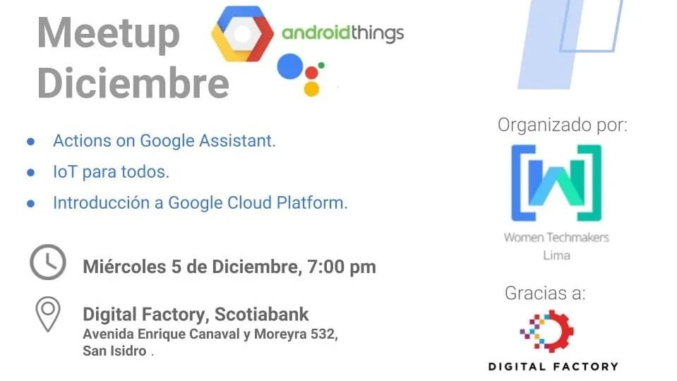 Portada de Meetup Diciembre #WTMLima - Actions on Google,IoT y GCP