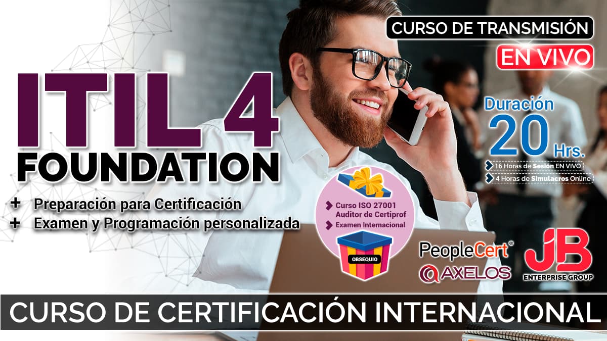 Portada de Curso de Transmisión en Vivo:“ITIL4 FOUNDATION"Preparación+Examen Internacional