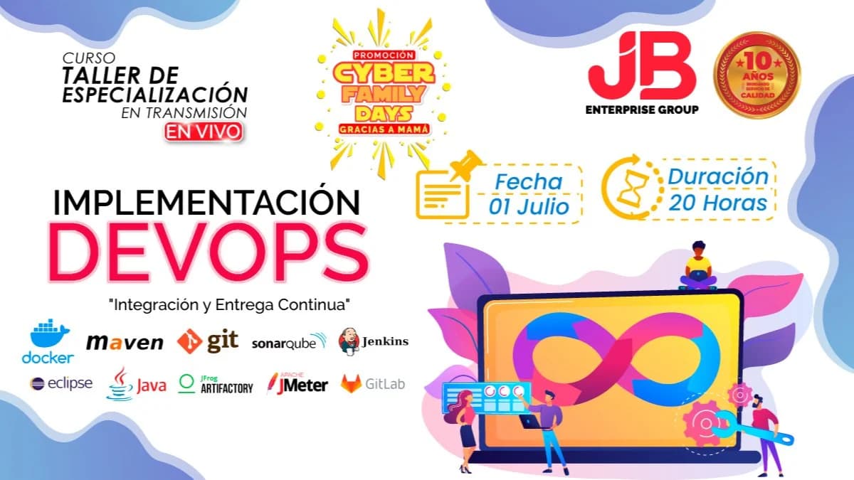 Portada de Curso Taller :Implementación DevOps "Integración y Entrega Continua"