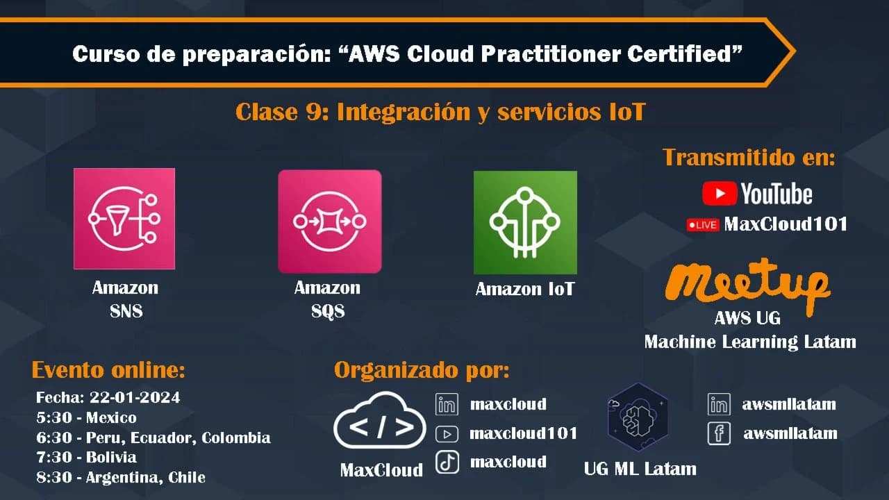 Portada de AWS Cloud Practitioner - Clase 9: Integración y servicios IoT