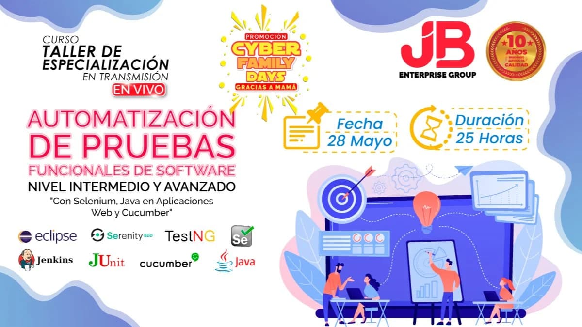 Portada de Curso Taller:Automatización de Pruebas Funcionales de SW " Selenium, Cucumber"