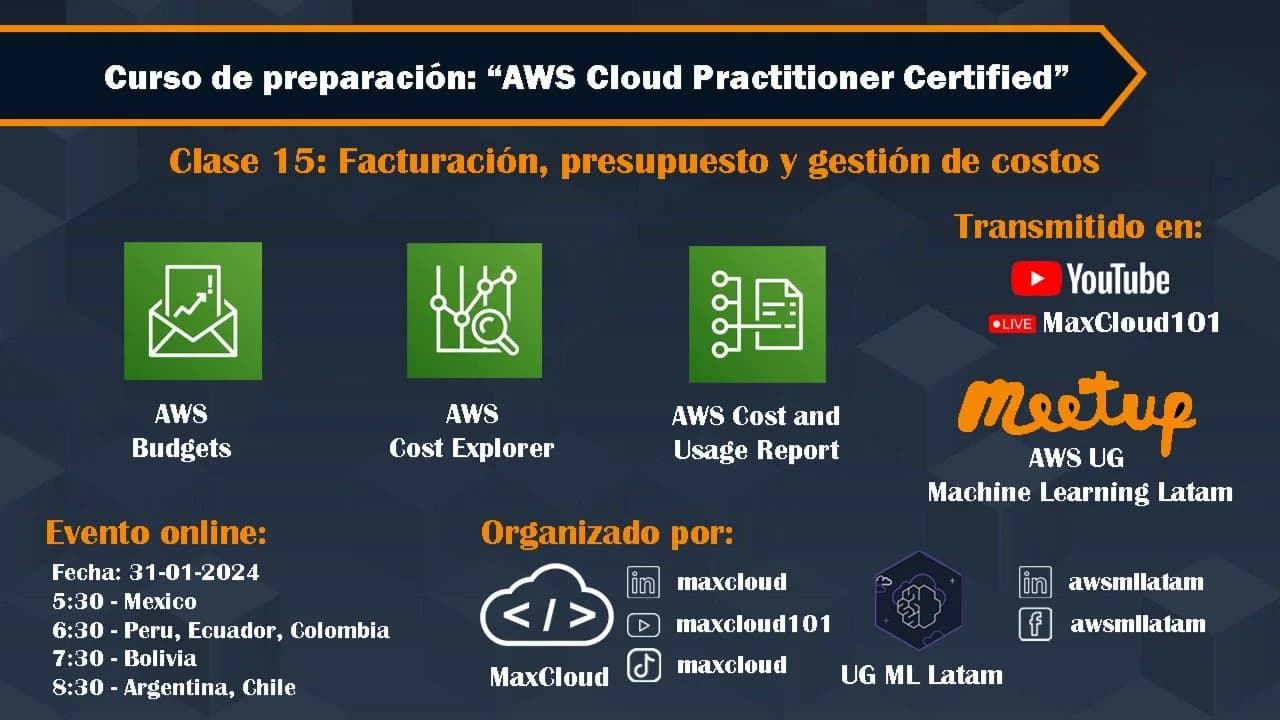 Portada de AWS Cloud Practitioner - Clase 15: Facturación, presupuesto y gestión de costos