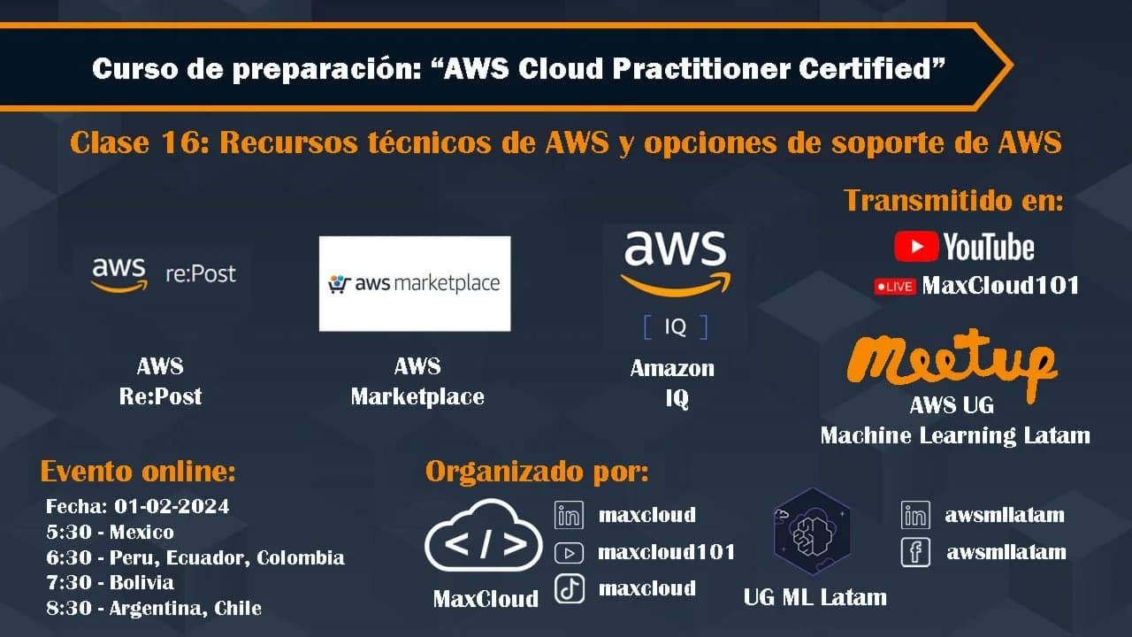 Portada de AWS Cloud Practitioner - Clase 16: Recursos técnicos de AWS, opciones de soporte