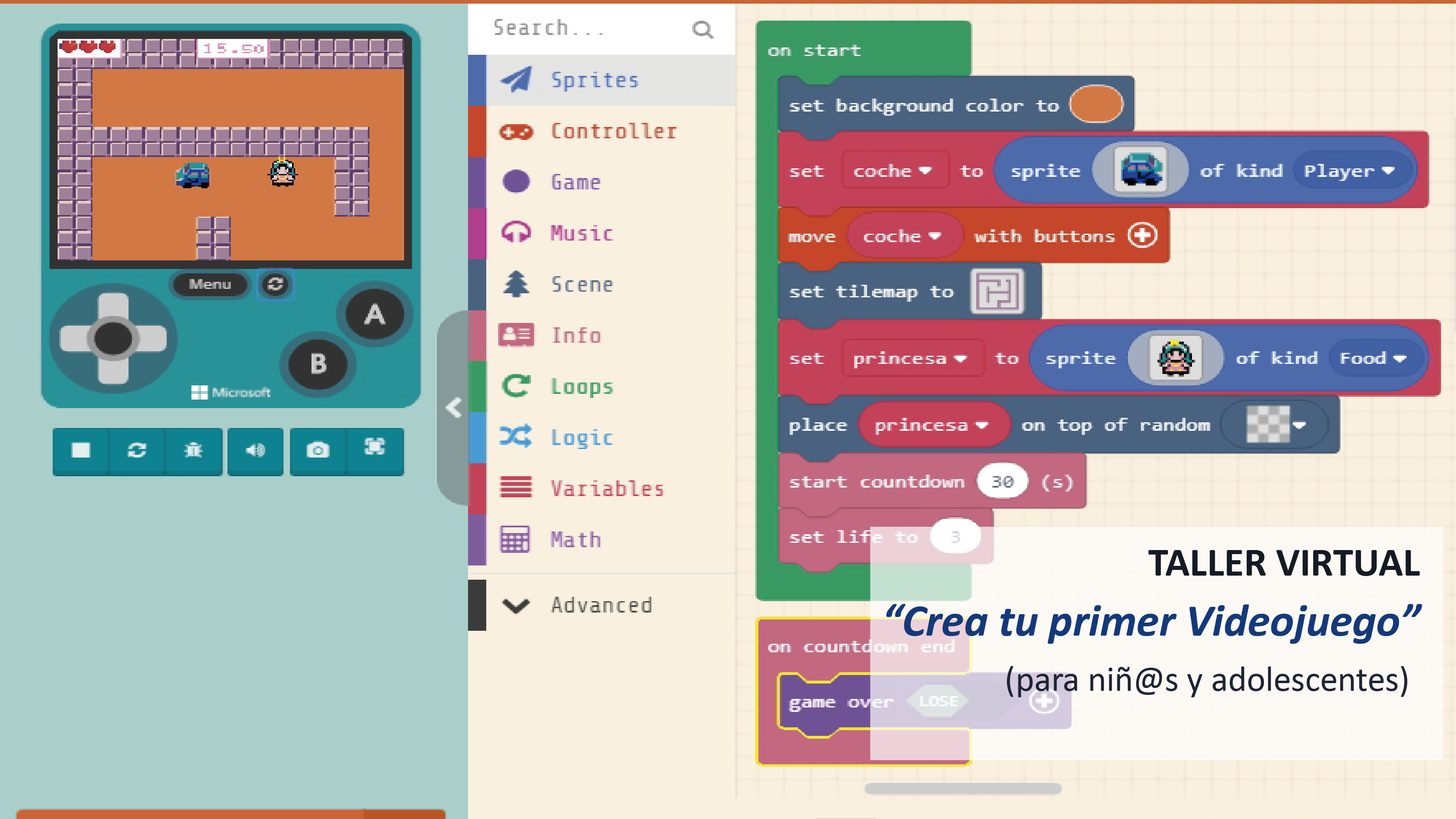 Portada de TALLER VIRTUAL PARA NIÑ@S: "Crea tu primer videojuego desde casa"