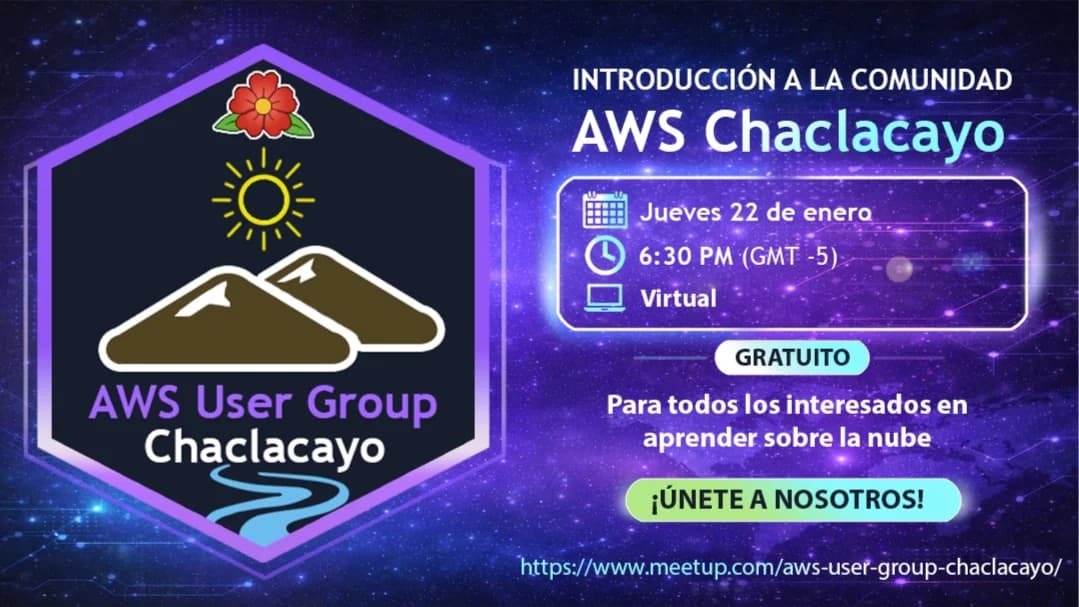 Portada de Bienvenida a la Comunidad AWS User Group Chaclacayo