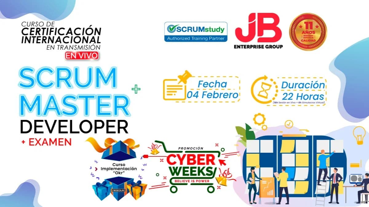 Portada de CYBER WEEKS:Scrum Master y Developer Preparacion y Examen Internacional"