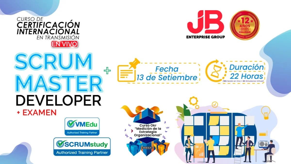 Portada de CURSO EN VIVO: SCRUM MASTER Y SCRUM DEVELOPER + EXAMEN