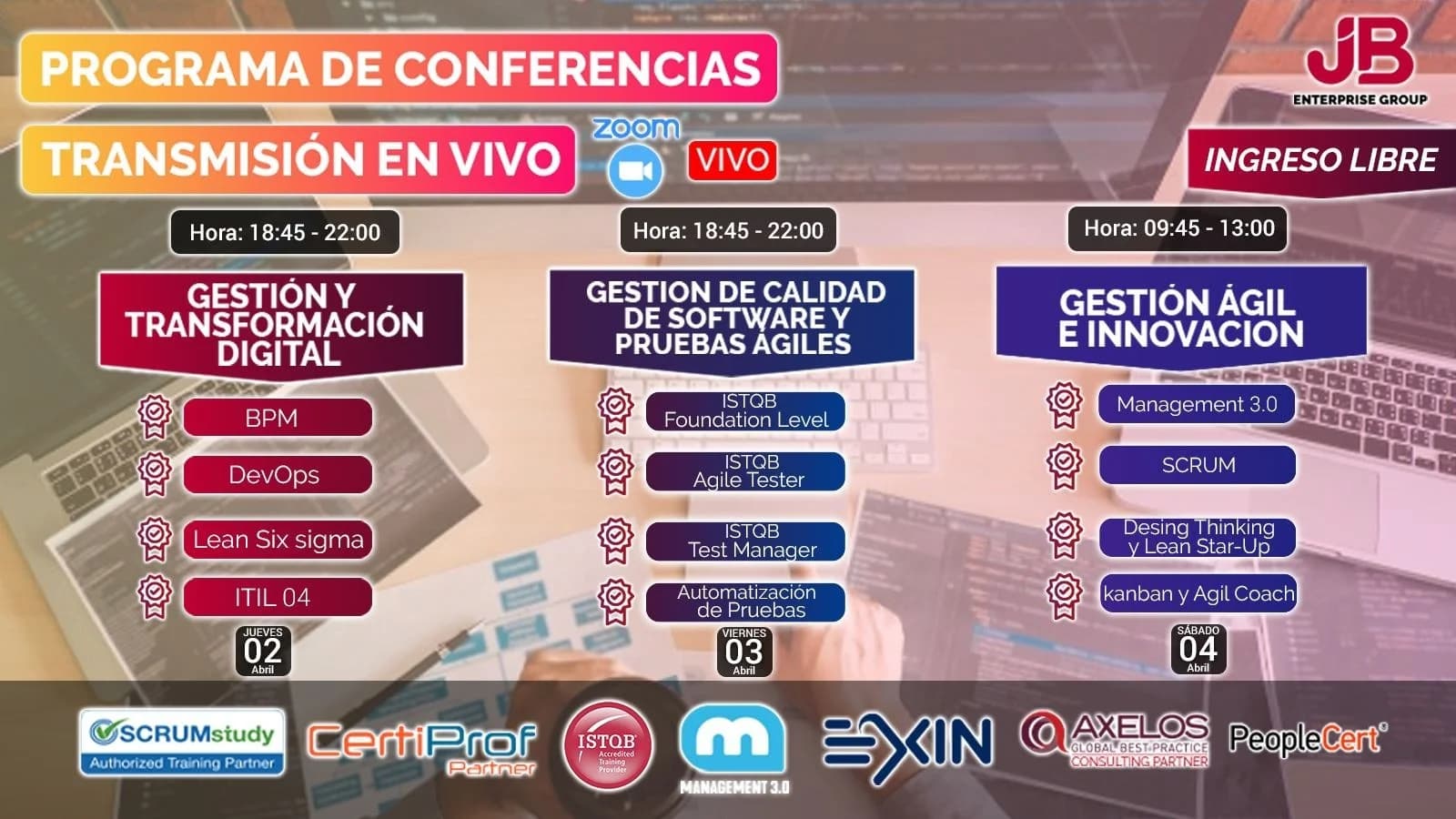 Portada de Conferencia ONLINE-ZOOM : Calidad de SW, Gestión Ágil, T. Digital e Innovación