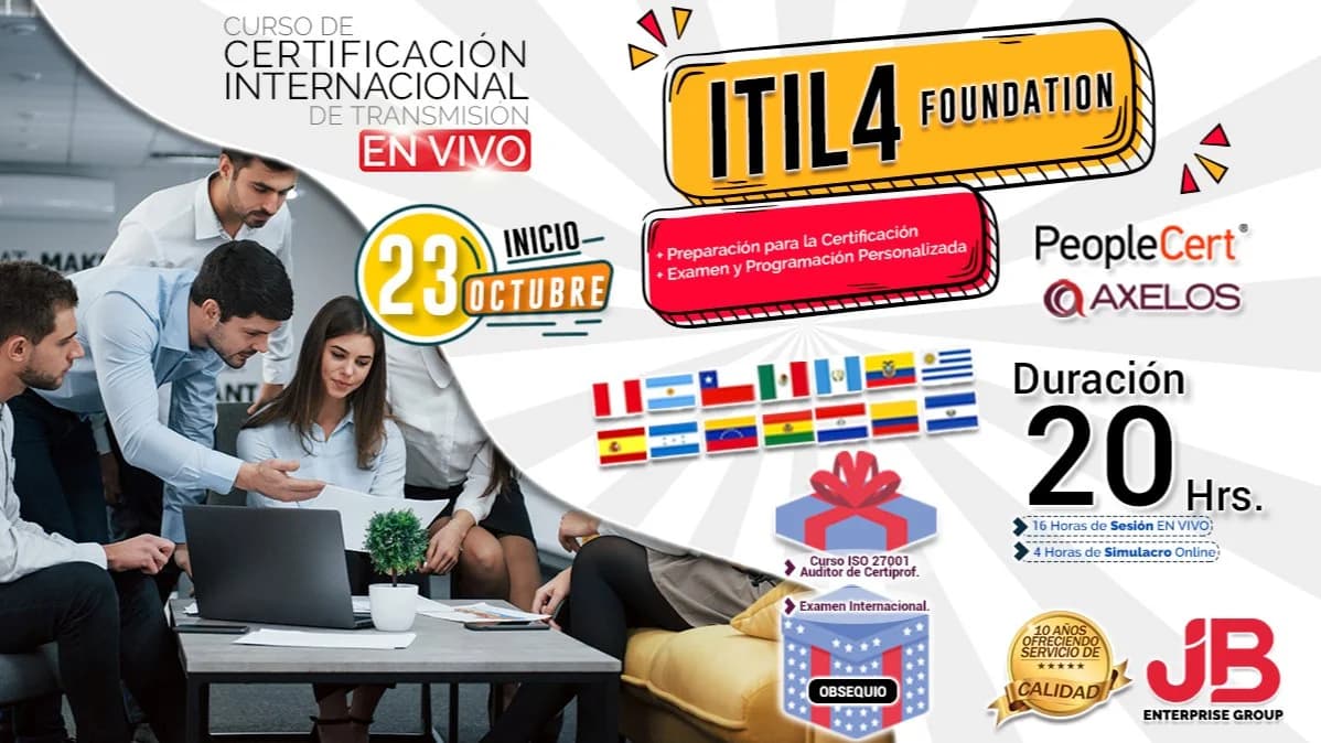 Portada de Certificacion: ITIL4 FOUNDATION "Preparación+Examen Internacional"