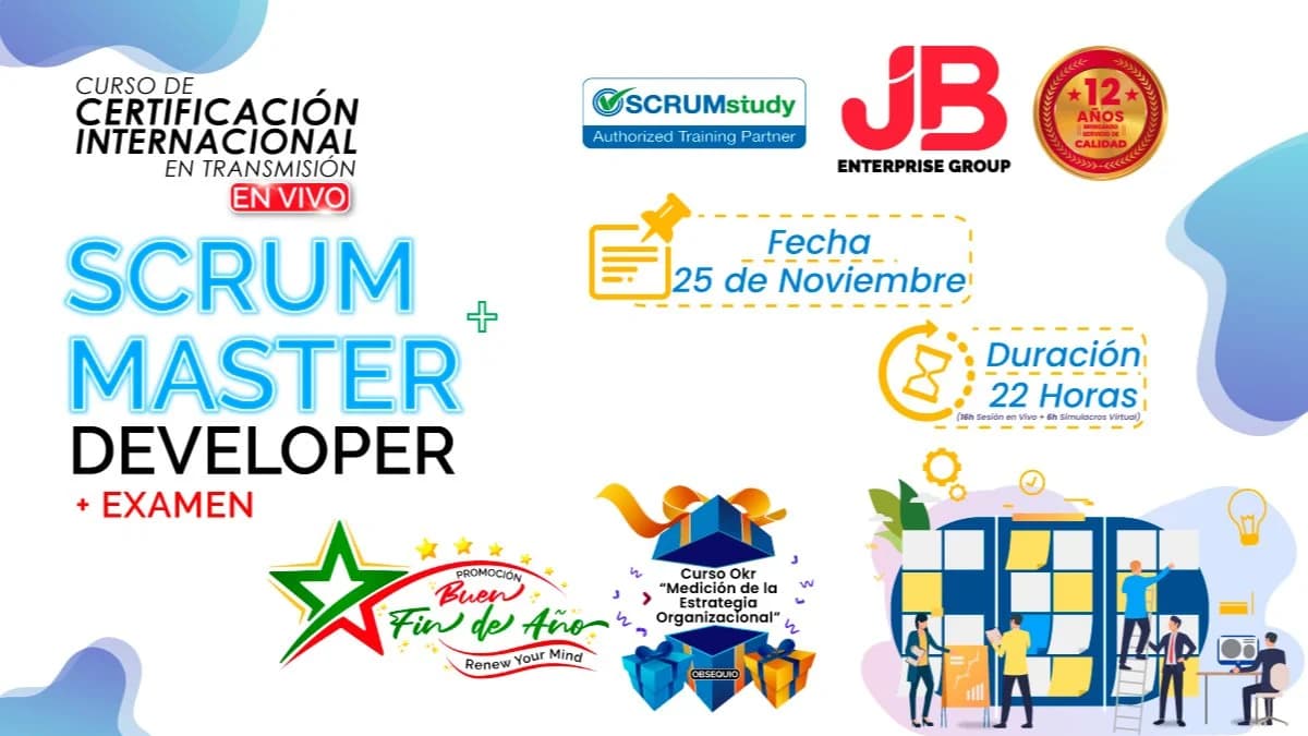Portada de CURSO EN VIVO: SCRUM MASTER Y SCRUM DEVELOPER + EXAMEN