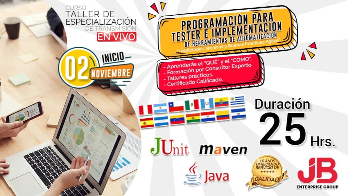 Portada de Curso en Vivo: “Programación para Testers e Imple. de Herramientas de Auto."