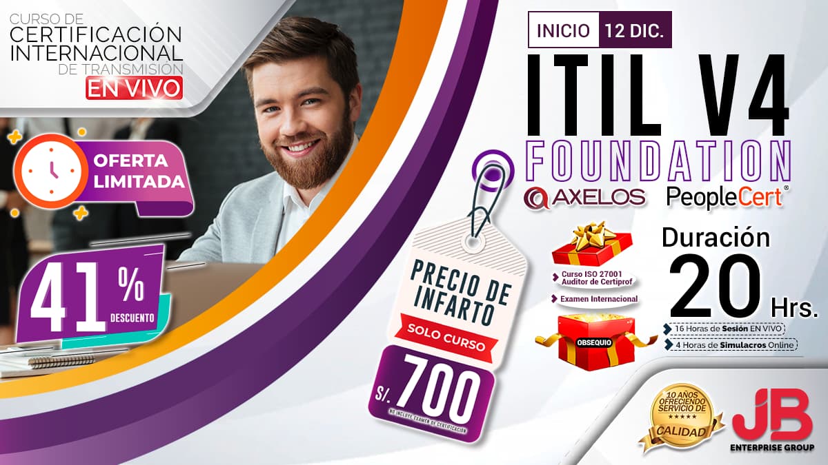 Portada de 12 DIC - Curso ITIL 4, precio de CIERRE de año 700 soles