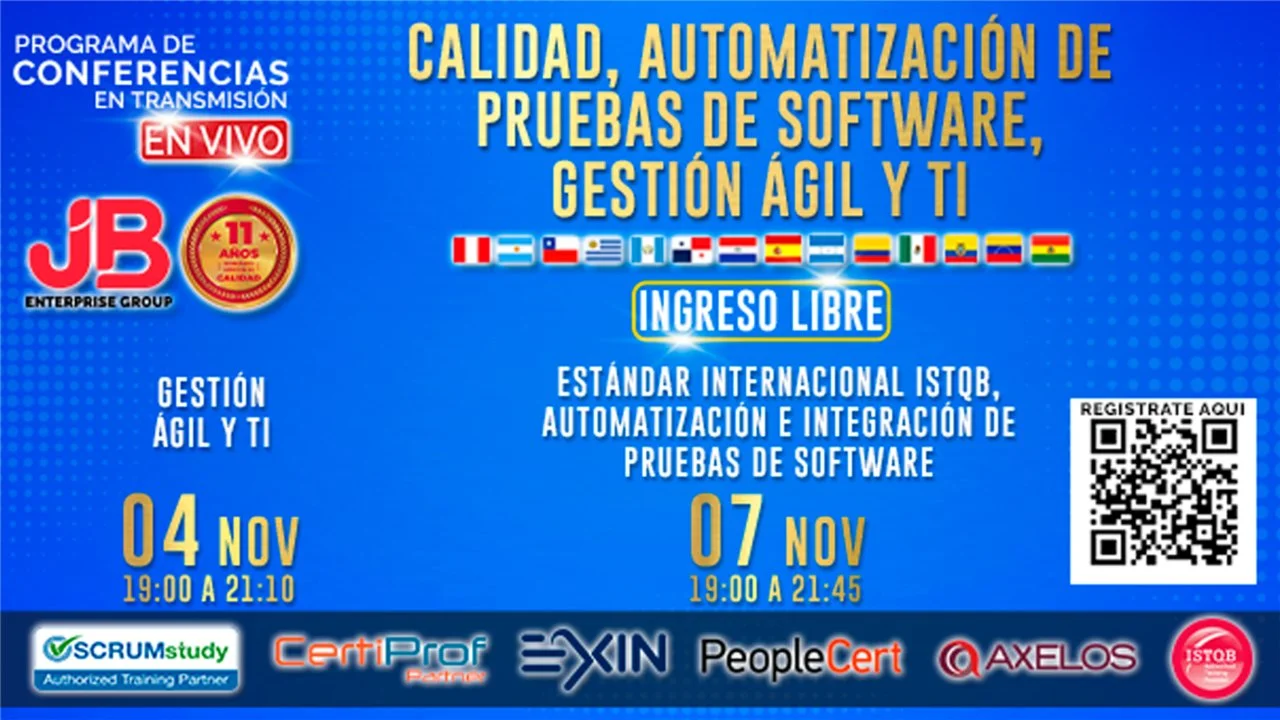Portada de Ingreso Libre "Conferencia Calidad de Pruebas de SW, Gestión Ágil y TI"
