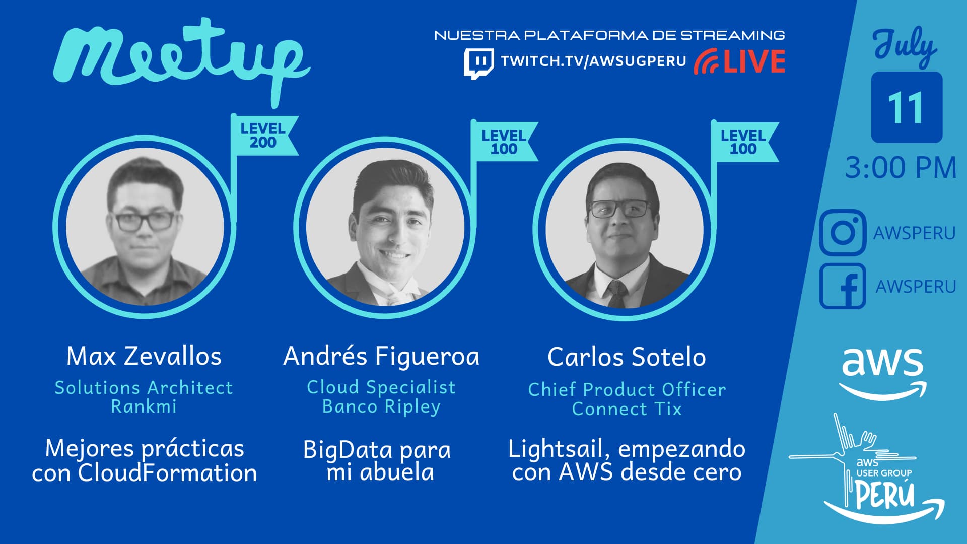 Portada de AWS Meetup #34 - Big Data desde cero, Lightsail y Best practices Cloudformation