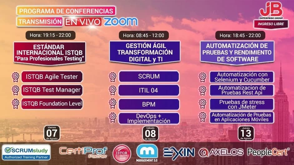 Portada de Conferencia ONLINE-ZOOM: Gestión Ágil, Calidad SW, Transformación Digital y TI