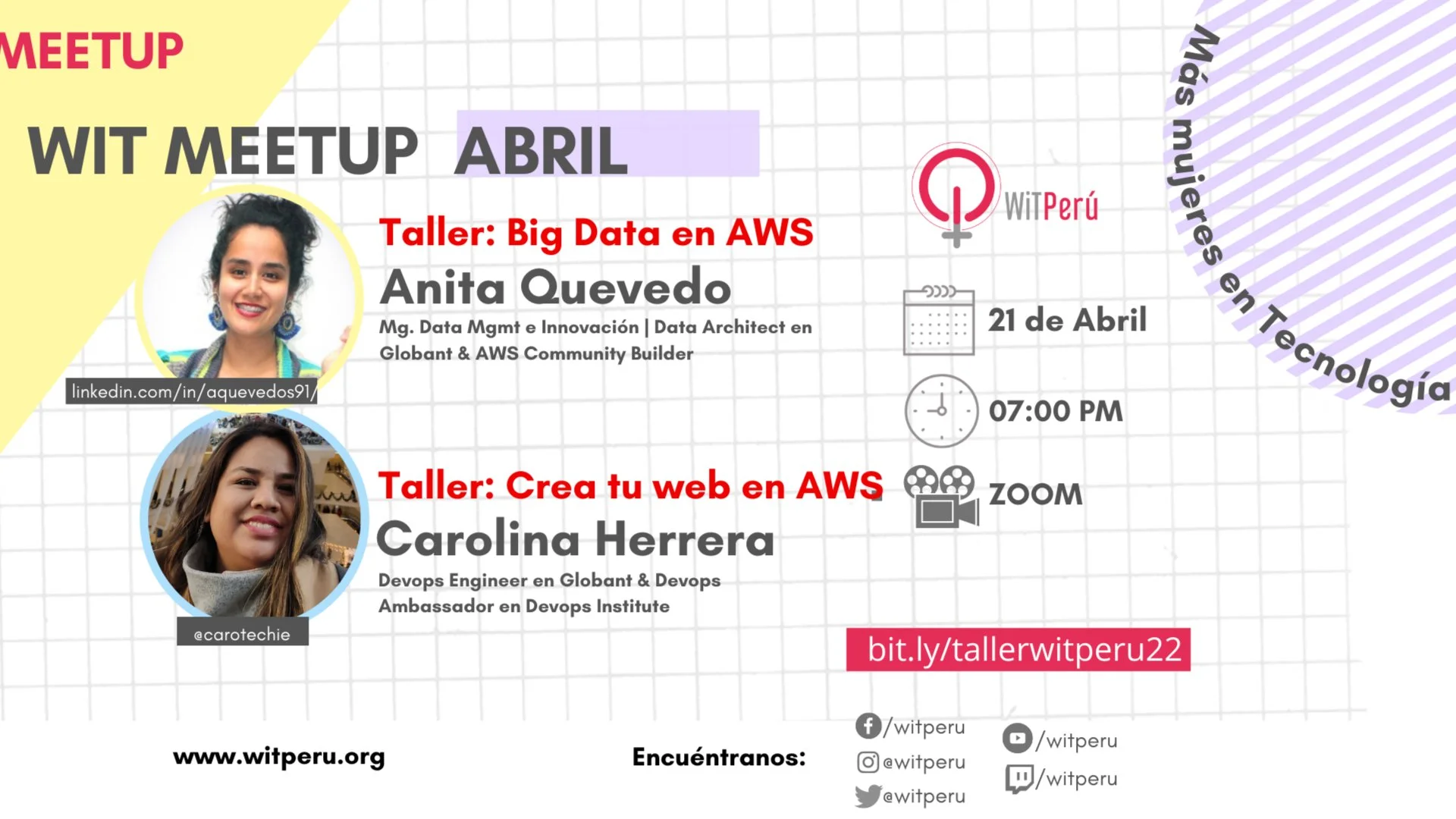 Portada de WITMeetup: Big Data en AWS y Crea tu web en AWS