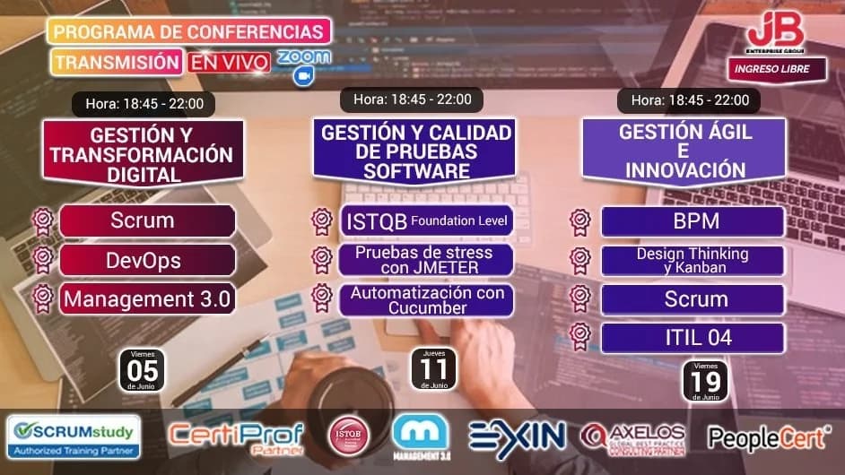 Portada de Conferencia ONLINE-ZOOM : Calidad de SW, Gestión Ágil e Innovación, T. Digital