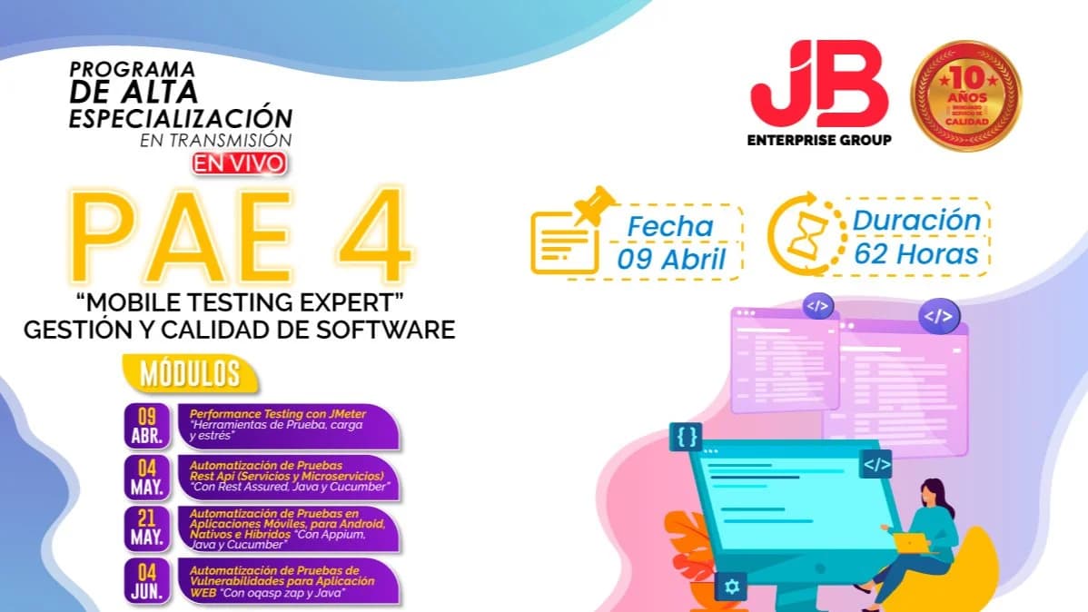 Portada de Programa de Especialización:"Mobile Testing Expert en Gestión de Calidad de Sof"