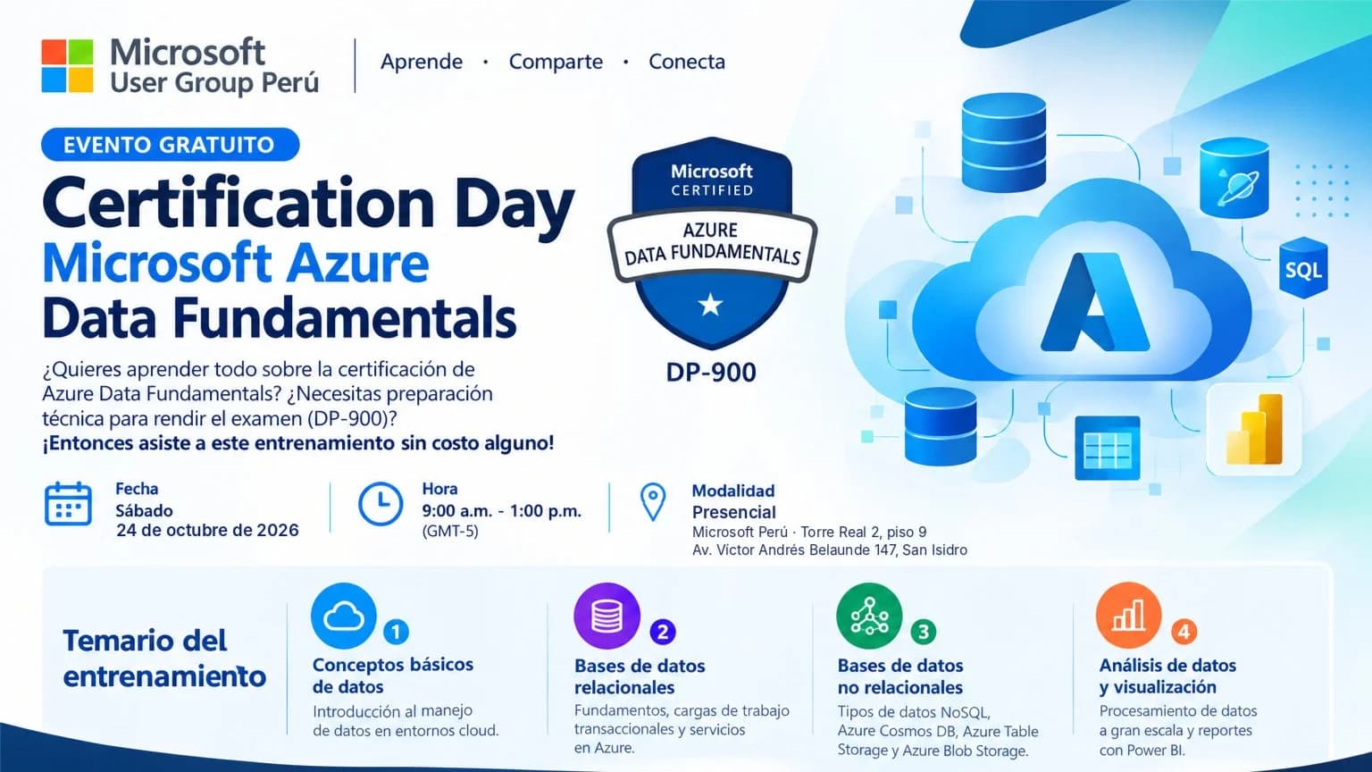 Portada de Certification Day - Microsoft Azure Data Fundamentals (DP-900)