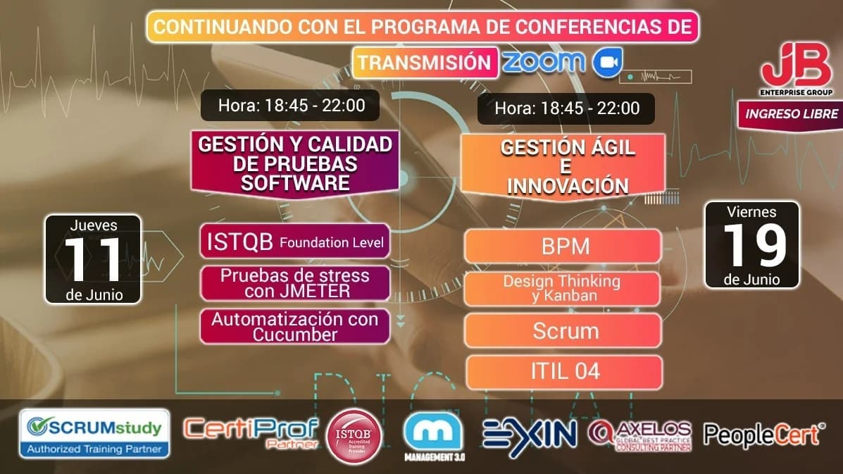 Portada de Conferencia ONLINE-ZOOM : Calidad de SW, Gestión Ágil e Innovación, T. Digital