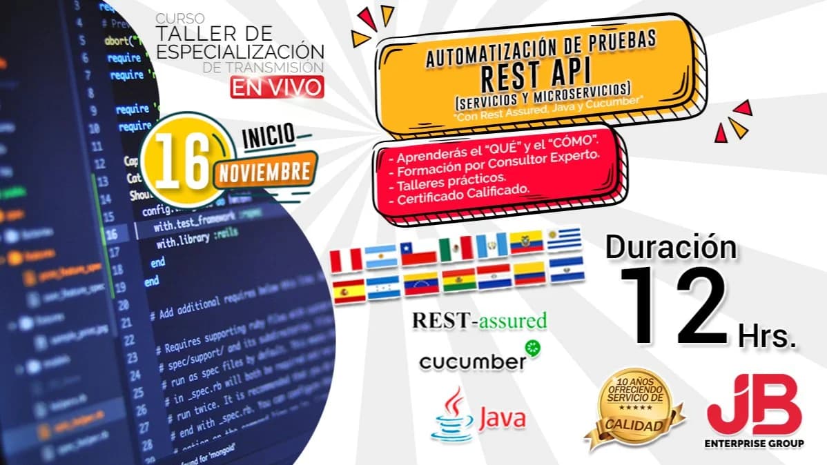 Portada de Curso en Vivo: “Auto. de Pruebas Rest Api "Con Rest Assured, Java y Cucumber"