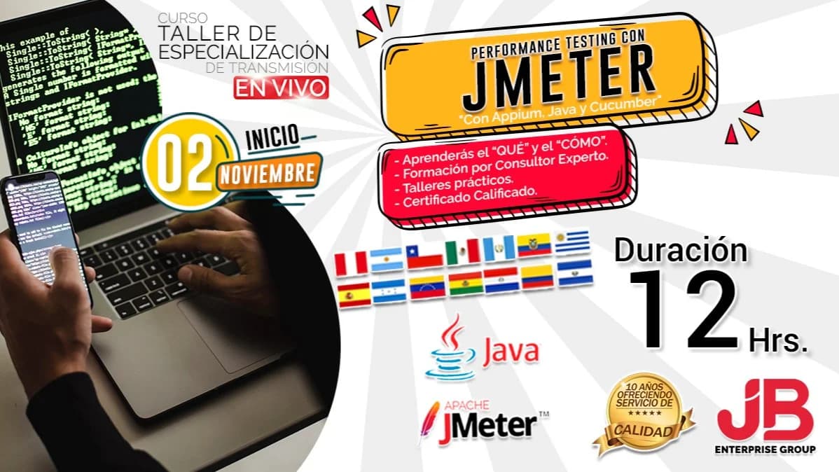 Portada de Curso en Vivo: “Performance Testing con JMeter"Her.de Pruebas de Carga y Estrés"