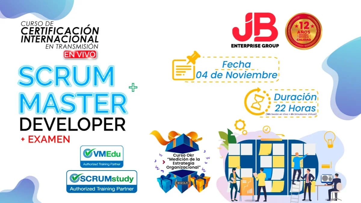 Portada de CURSO EN VIVO: SCRUM MASTER Y SCRUM DEVELOPER + EXAMEN