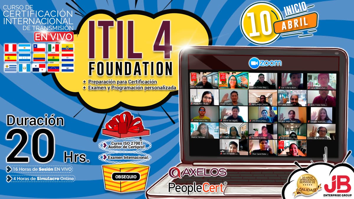 Portada de Curso de Transmisión en Vivo:“ITIL4 FOUNDATION"Preparación+Examen Internacional