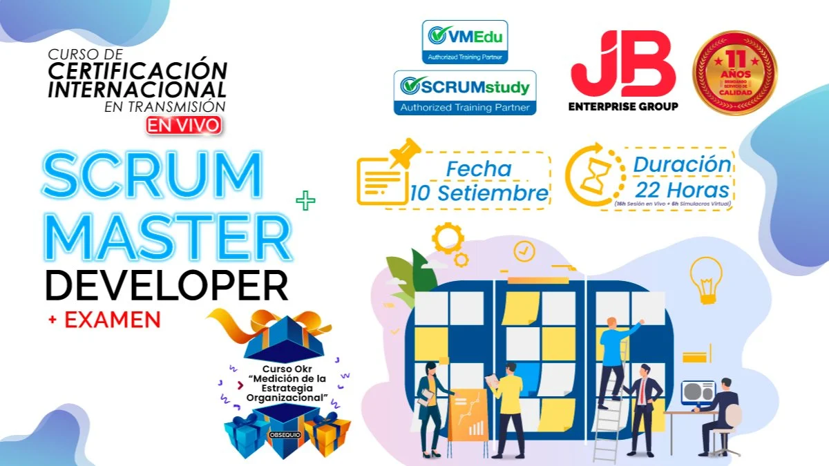 Portada de CURSO EN VIVO:Scrum Master y Developer Preparacion y Examen Internacional"