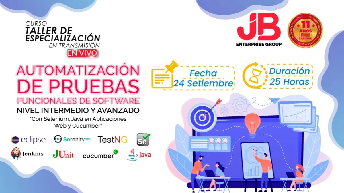 Portada de CURSO EN VIVO:Automatización de Pruebas Funcionales SW "Selenium,Java,Cucumber"