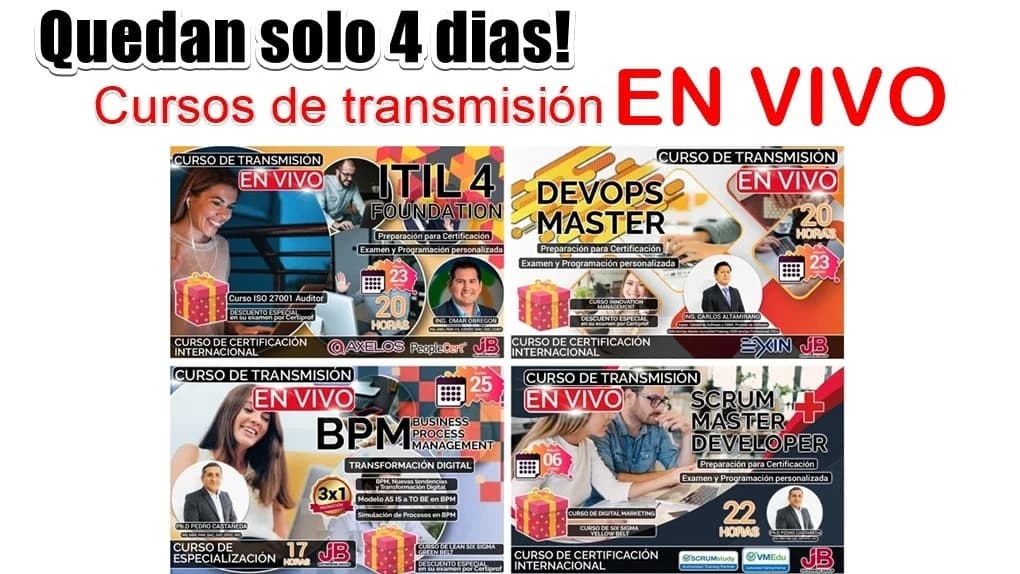 Portada de Certificaciones y Cursos de Transmisión en VIVO: SCRUM, ITIL, DEVOPS, BPM