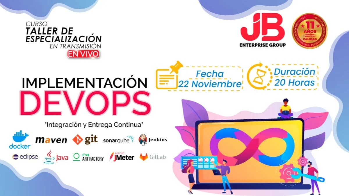 Portada de CURSO TALLER:Implementación DevOps "Integración y Entrega Continua"