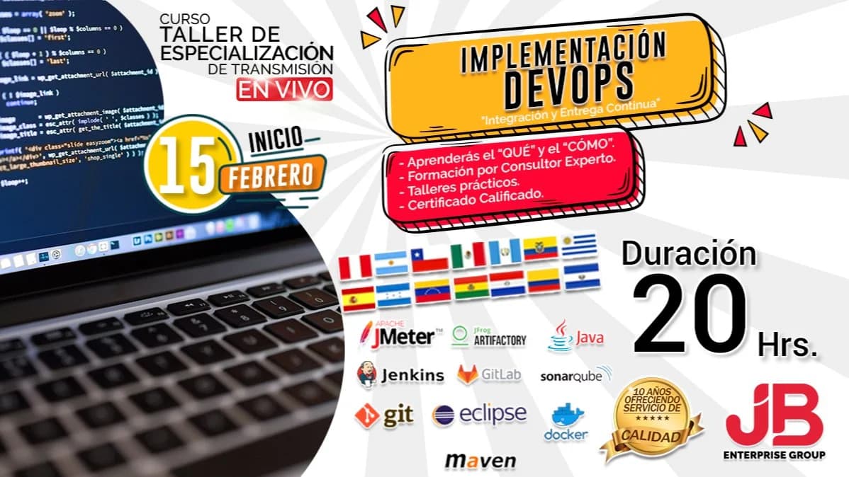 Portada de Curso Taller :Implementación DevOps "Integración y Entrega Continua"