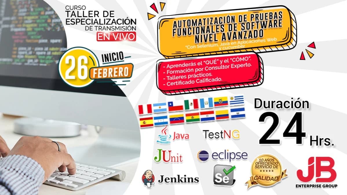 Portada de Curso Taller:Automatización de Pruebas Funcionales de SW " Selenium, Cucumber"