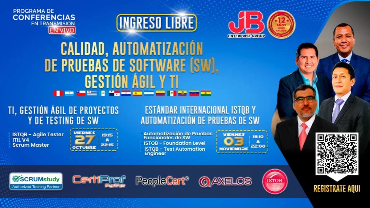 Portada de GRATIS-27 OCT "Programa-Conferencia Calidad de Pruebas de SW, Gestión Ágil y TI"
