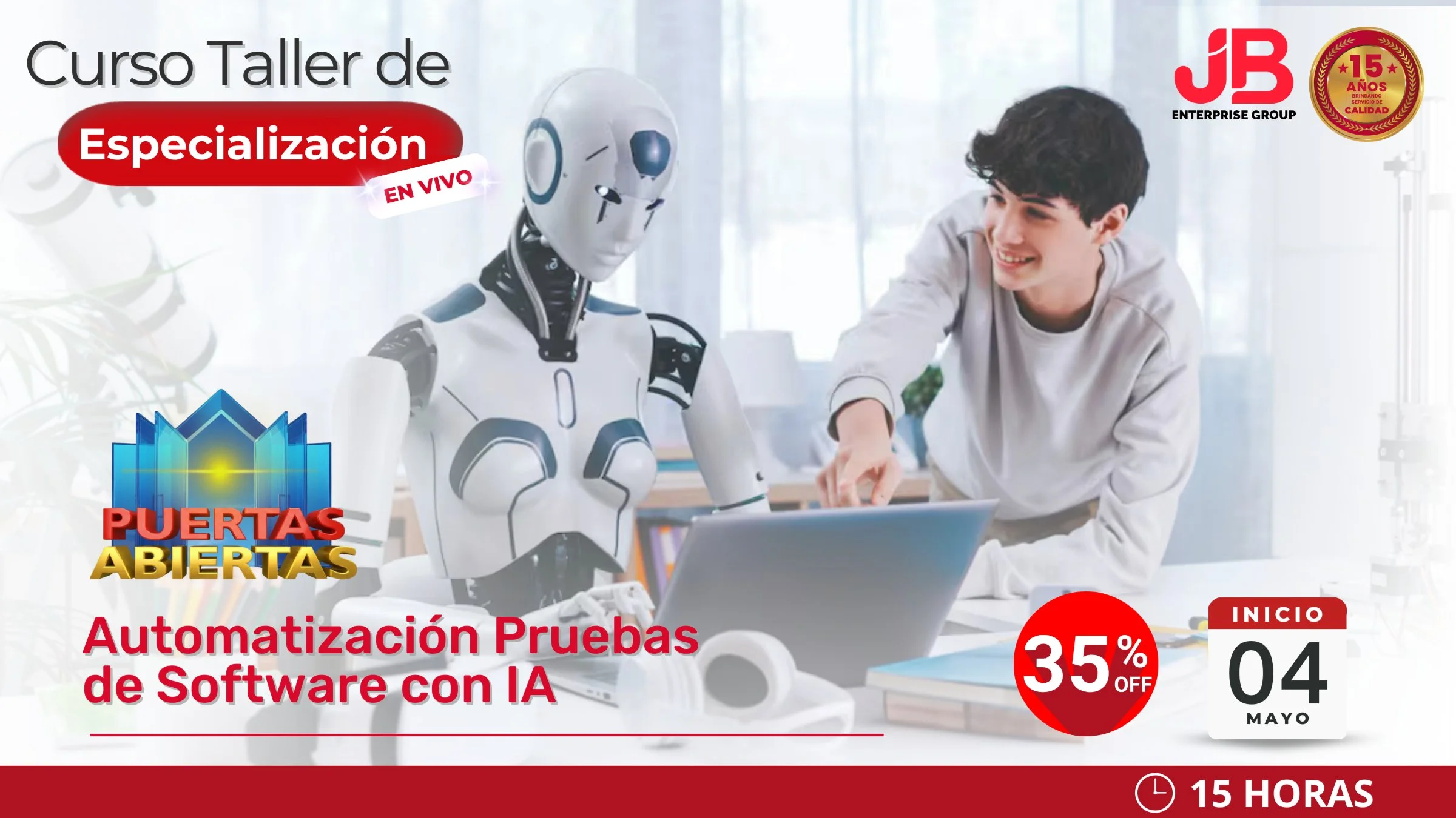 Portada de ๐๏ธ PUERTAS ABIERTAS JB E. GROUP ๐ชAUTOMATIZACIรN PRUEBAS DE SOFTWARE CON IA