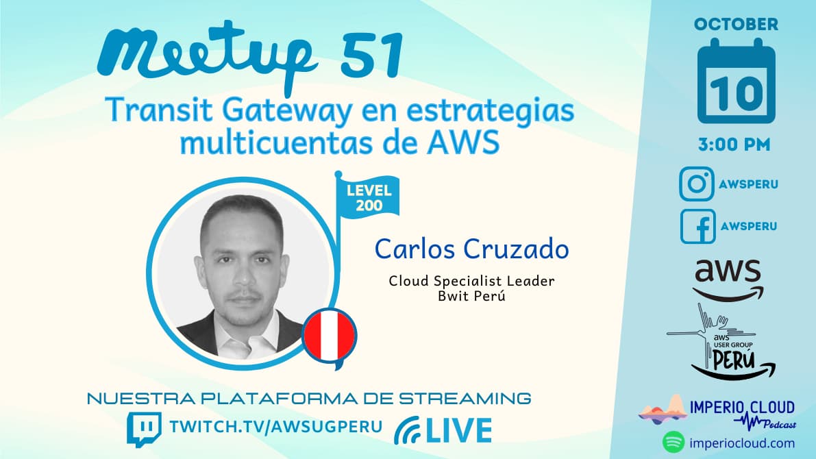 Portada de AWS Perú en Directo #51 Transit Gateway en estrategias de multi cuentas de AWS